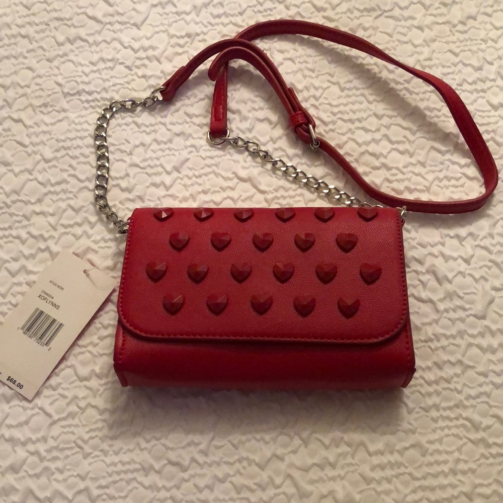 Betsey Johnson Crimson Faux Leather Crossbody Studded Hearts & Chain Accents NWT